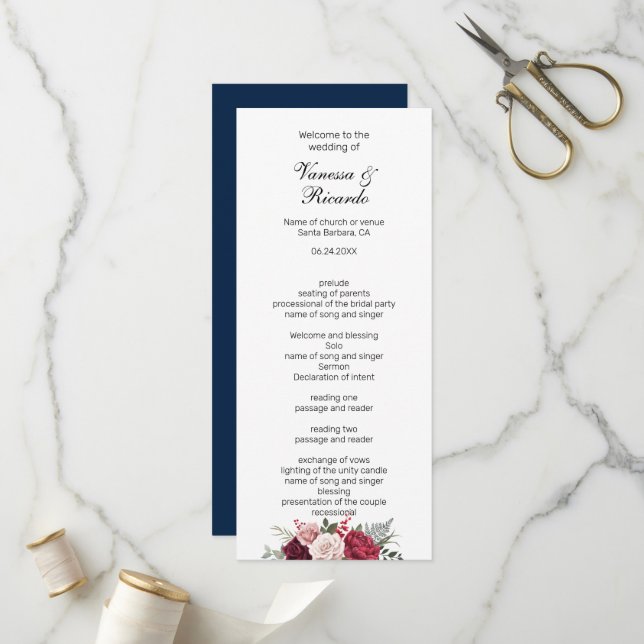 Elegant burgundy Navy Blue Floral Wedding program (Front/Back In Situ)