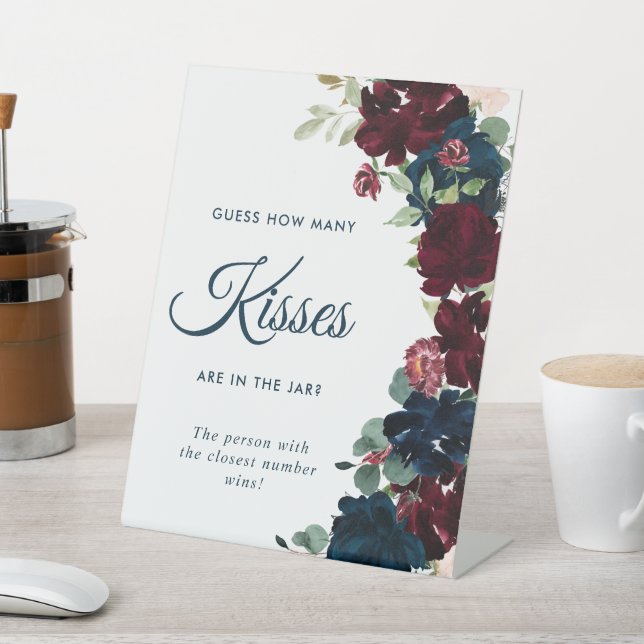 Elegant Burgundy & Navy Blue How Many Kisses Pedestal Sign (In SItu)