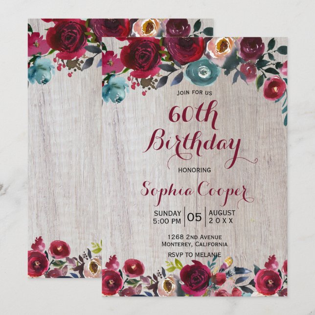 Elegant Burgundy Navy Floral 60th Birthday Party Invitation (Front/Back)