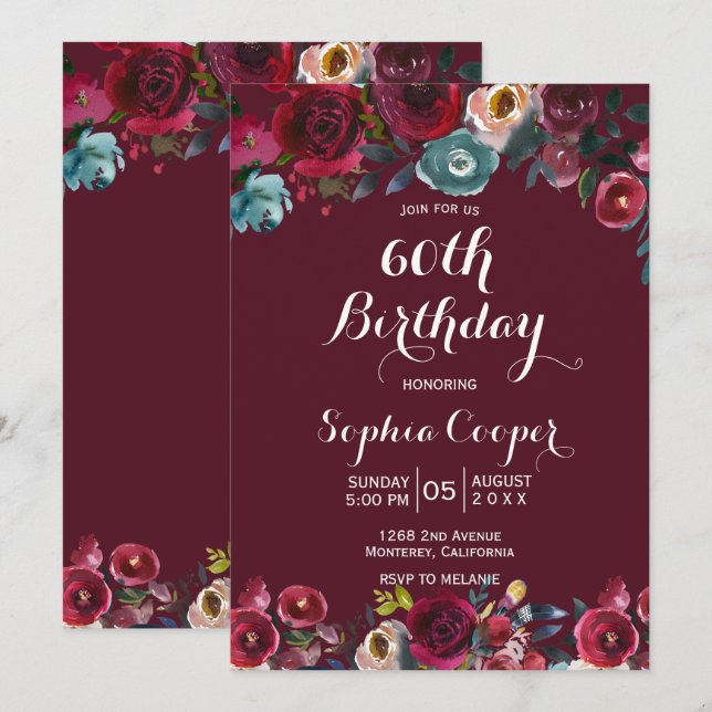 Elegant Burgundy Navy Floral 60th Birthday Party Invitation (Front/Back)