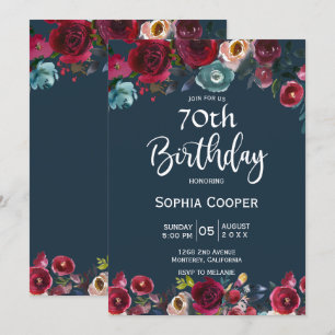 Elegant Burgundy Navy Floral 70th Birthday Party Invitation