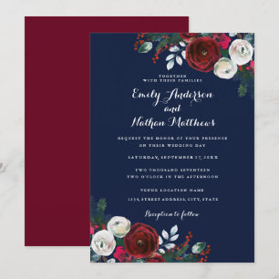 Elegant Burgundy Navy Floral Christmas Wedding Invitation