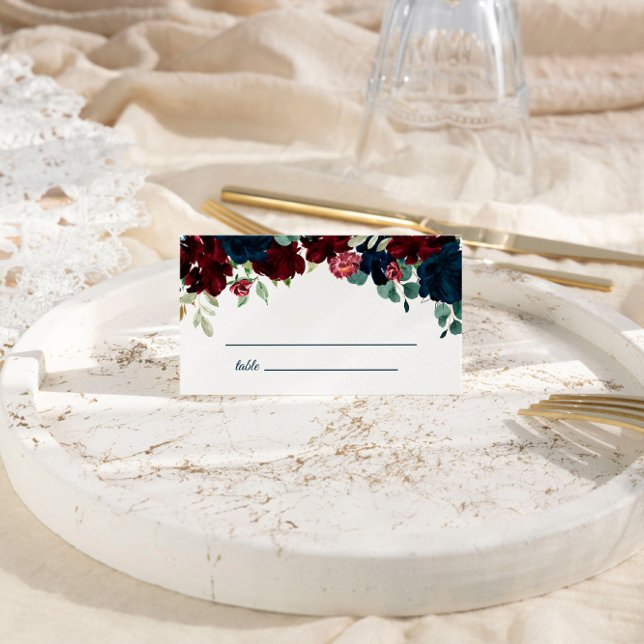 Elegant Burgundy & Navy Floral Wedding  Place Card (Creator Uploaded)