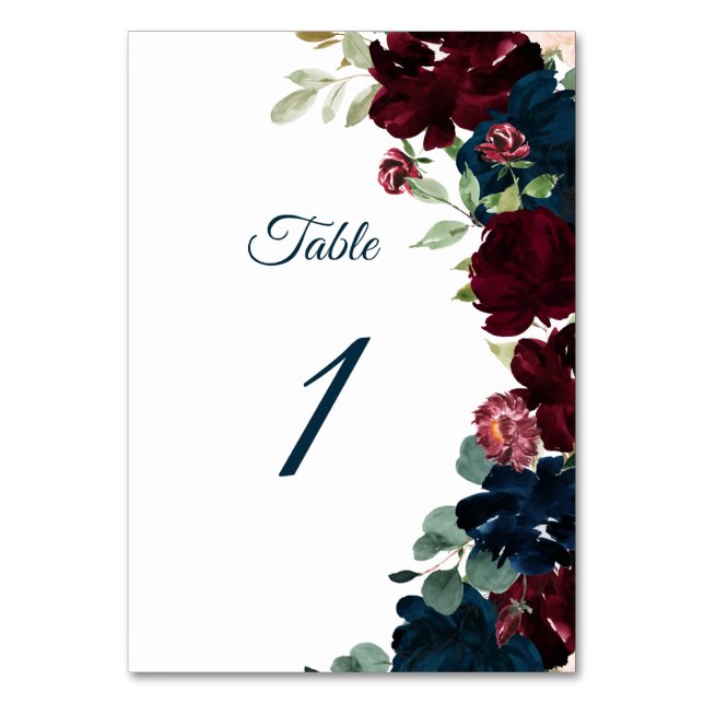 Elegant Burgundy & Navy Flowers Wedding Table Number (Front)