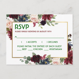 Elegant Burgundy Navy Gold Floral Wedding RSVP Postcard