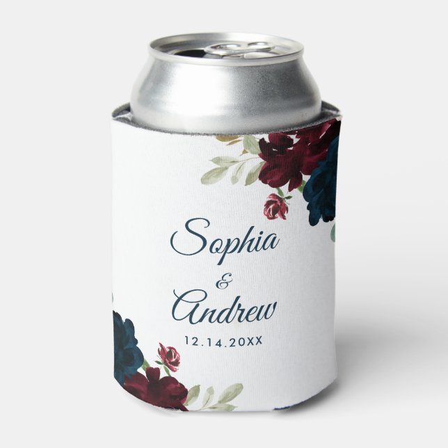 Elegant Burgundy & Navy Rustic Wood Wedding Can Cooler (Can Front)