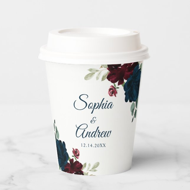 Elegant Burgundy & Navy Rustic Wood Wedding Paper Cups (Front)