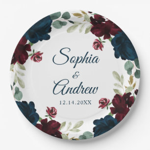 Elegant Burgundy & Navy Rustic Wood Wedding Paper Plate