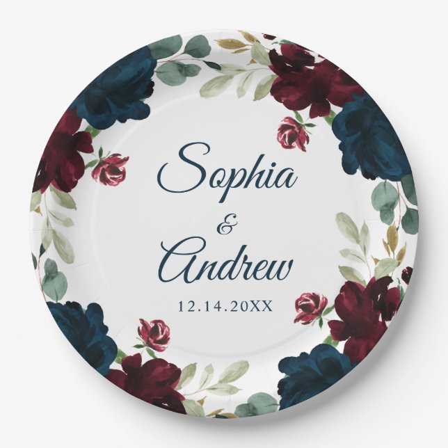 Elegant Burgundy & Navy Rustic Wood Wedding Paper Plate (Front)