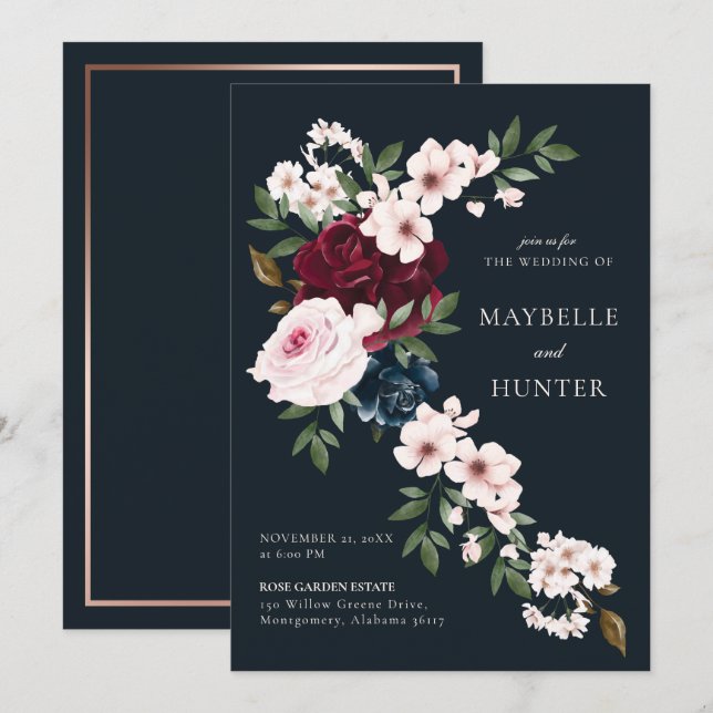 Elegant Burgundy Navy Watercolor Floral Waterfall Invitation (Front/Back)