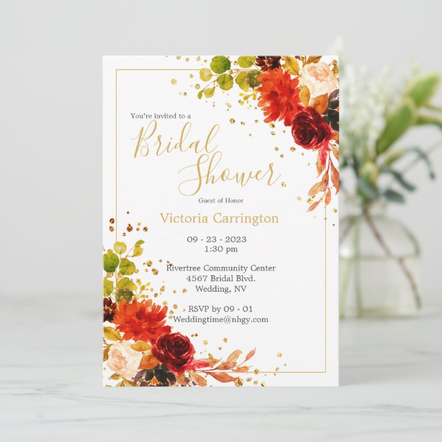 Elegant Burgundy Orange Floral  Customize Bridal Invitation (Standing Front)