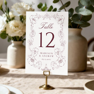 Elegant Burgundy Ornate Floral Frame Wedding Table Number
