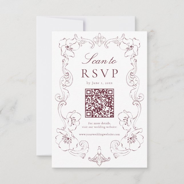 Elegant Burgundy Ornate Floral QR Code Wedding RSVP Card (Front)