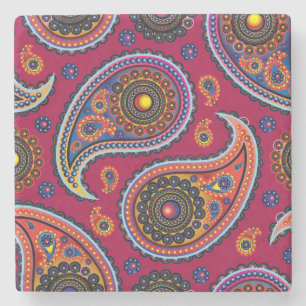 Elegant Burgundy Paisley and Mandala Pattern Stone Coaster