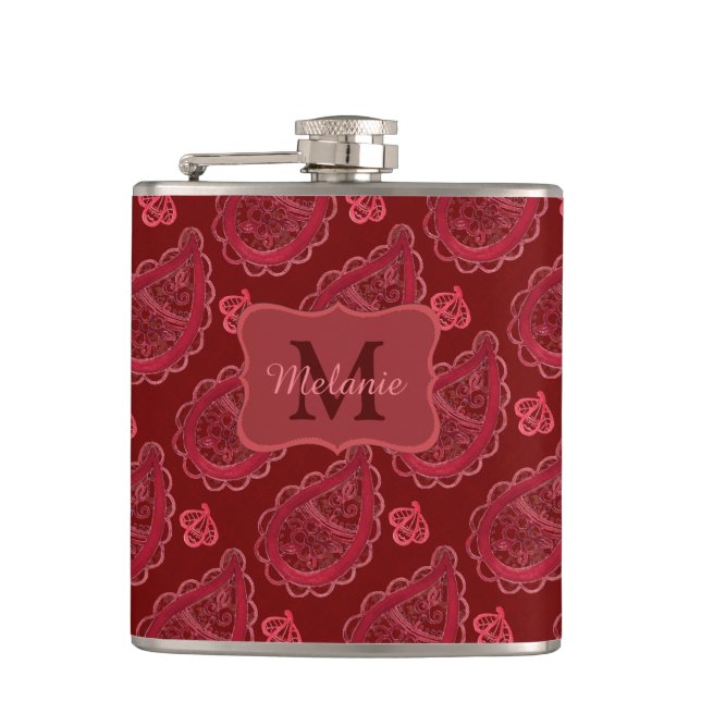 Elegant Burgundy Paisley Pattern Personalised Hip Flask (Front)