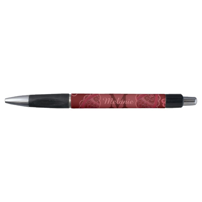 Elegant Burgundy Paisley Pattern Personalised Pen (Front)