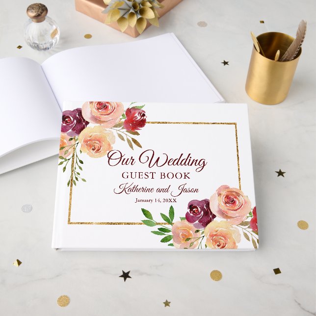 Elegant Burgundy Peach Floral Romantic Wedding Guest Book (Front Open)