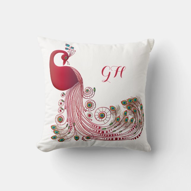 Elegant Burgundy Peacock Feathers Monogrammed Throw Pillow (Front)
