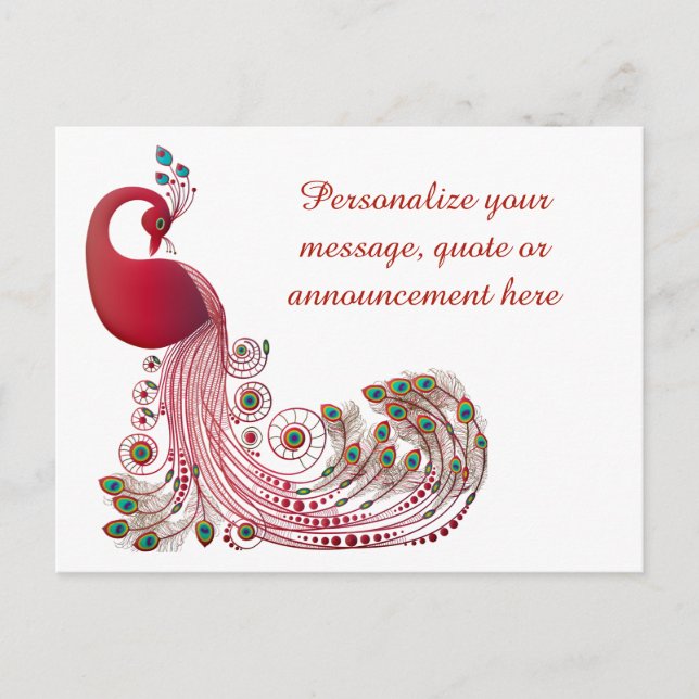 Elegant Burgundy Peacock & Feathers Personalized Announcement Postcard (Front)