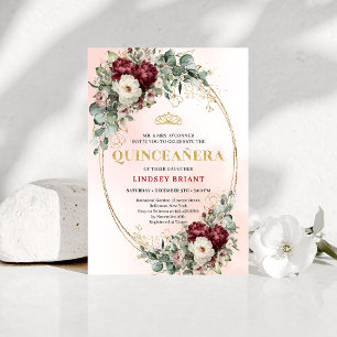 Elegant Burgundy Peonies Gold 15th Birthday Invite
