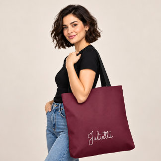 Elegant Burgundy Personalized Signature Script Tote Bag