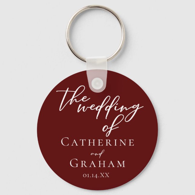 Elegant Burgundy Personalized Wedding Keychain (Front)