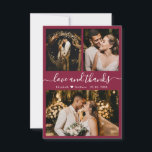 Elegant Burgundy Photo Wedding Thank You Cards<br><div class="desc">Elegant, Modern Hand Lettered Wedding 3 Photo Collage Thank You Card in Burgundy Colour. Stylish wedding thank you card template featuring three photo on the front and one photo on the back. With the text "Love and thanks" in a swirly hand lettered typography script font in white on burgundy or...</div>