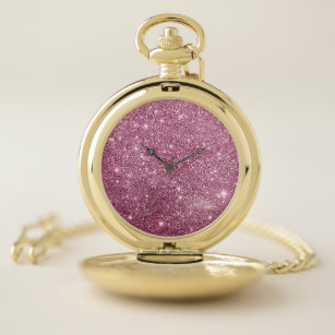 Elegant burgundy pink abstract girly glitter pocket watch