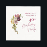 Elegant Burgundy Pink Floral 40th Birthday Napkin<br><div class="desc">An elegant 40th birthday party paper napkin featuring a burgundy pink watercolor on a white background.</div>