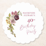 Elegant Burgundy Pink Floral 40th Birthday Paper Coaster<br><div class="desc">An elegant 40th birthday party paper coasters featuring a burgundy pink floral watercolor on a white background.</div>