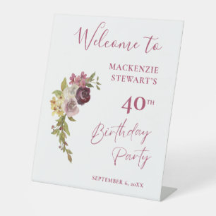 Elegant Burgundy Pink Floral 40th Birthday Pedestal Sign