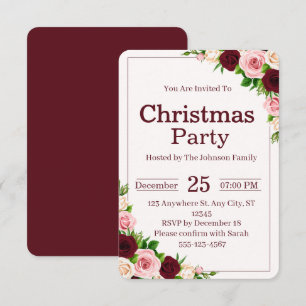Elegant Burgundy Pink Floral Christmas Party Invitation