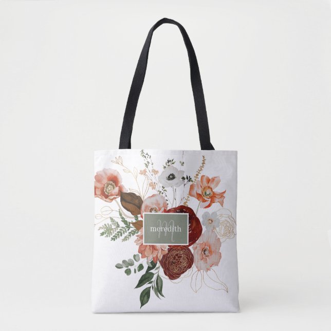 Elegant Burgundy Pink Floral Personalized Tote Bag (Front)