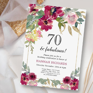 Elegant Burgundy Pink Gold Floral 70th Birthday  Invitation