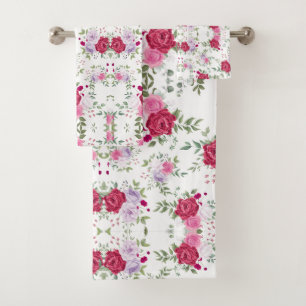 Elegant Burgundy & Pink Lavender Floral Garden Bath Towel Set