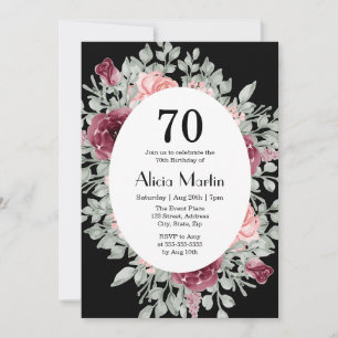 Elegant Burgundy Pink Rose Greenery 70th Birthday Invitation