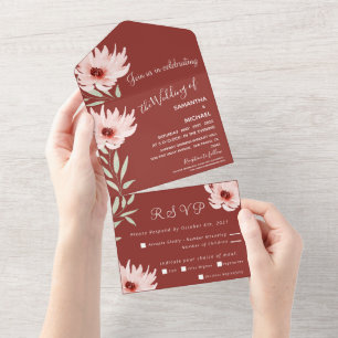 Elegant Burgundy Pink Watercolor Floral Wedding  All In One Invitation