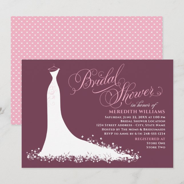 Elegant Burgundy Pink Wedding Gown Bridal Shower Invitation (Front/Back)