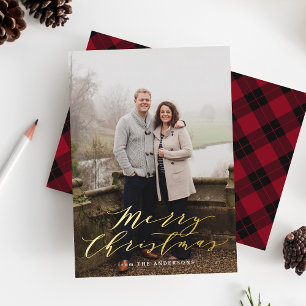 Elegant Burgundy Plaid Photo Foil Holiday Card