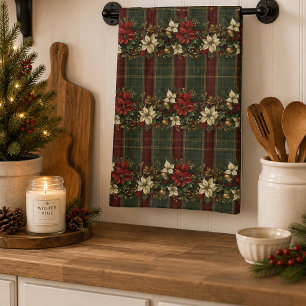 Elegant Burgundy Plaid Poinsettia Christmas Kitchen Towel