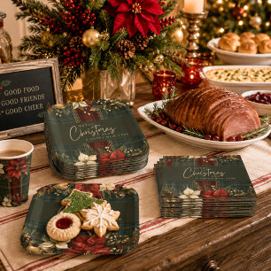 Elegant Burgundy Plaid & Poinsettia Christmas Paper Cups
