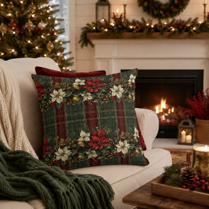 Elegant Burgundy Plaid & Poinsettia Christmas Throw Pillow