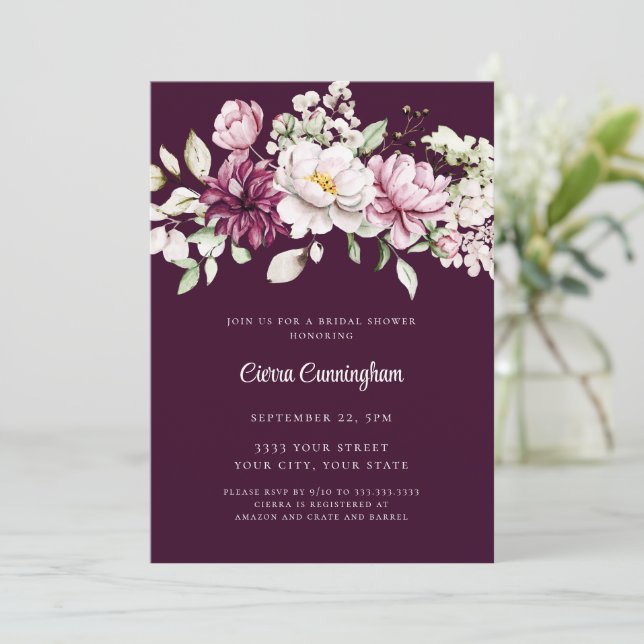 Elegant Burgundy Plum Floral Bridal  Invitation (Standing Front)