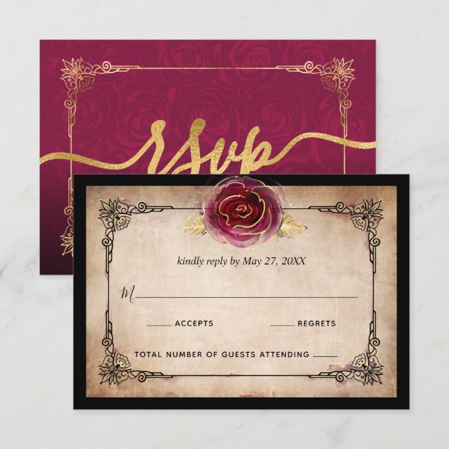 Elegant Burgundy Plum Gold and Black Wedding RSVP Card (Front/Back)