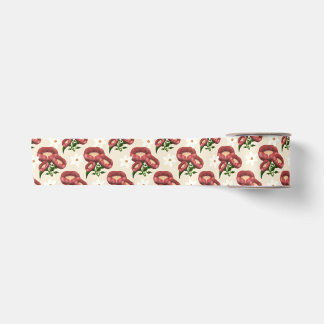 Elegant Burgundy Poppy and White Daisy Floral Patt Satin Ribbon