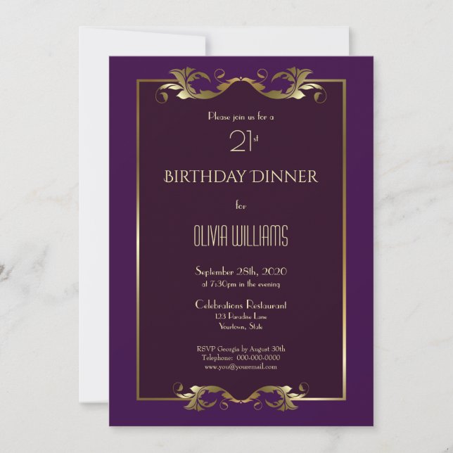 Elegant Burgundy Purple Gold 21st Birthday Dinner Invitation (Front)