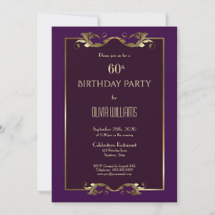 Elegant Burgundy Purple Gold 60th Birthday Party Invitation