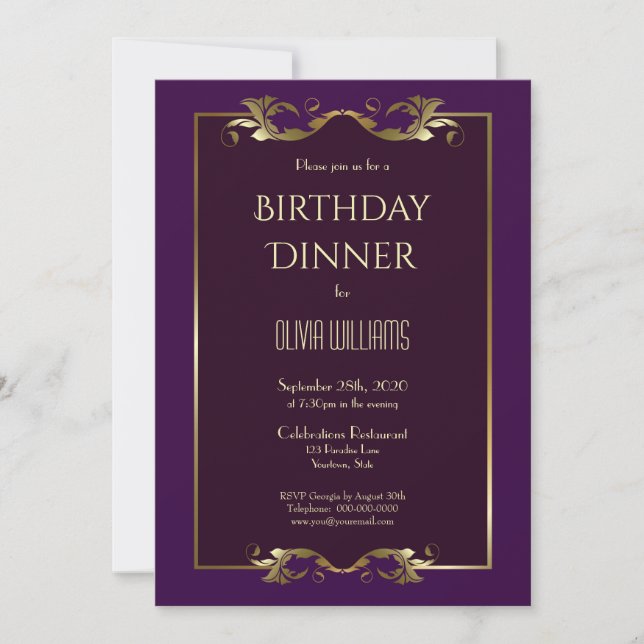 Elegant Burgundy Purple Gold Birthday Dinner Party Invitation (Front)