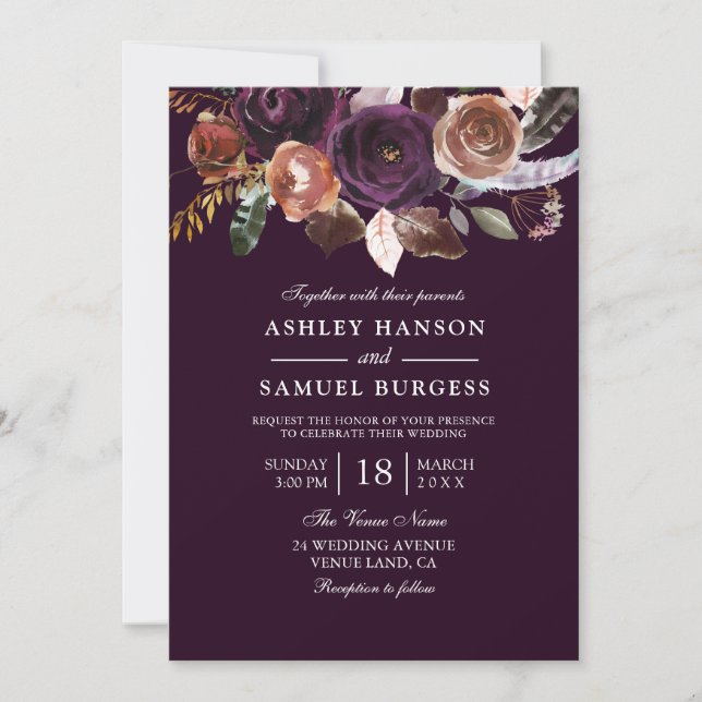 Elegant Burgundy Purple Plum Peach Floral Wedding Invitation (Front)