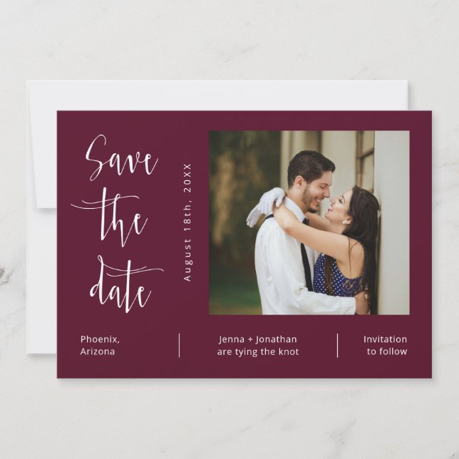 Elegant Burgundy QR Code Photo Save the Date Invitation (Front)